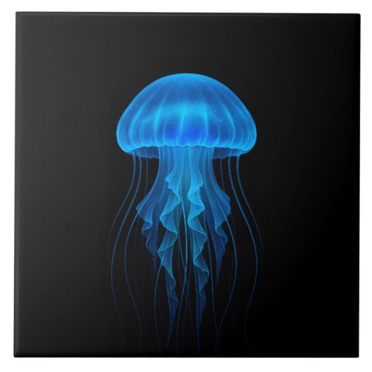 Black 4 Luxe Tile with Neon Blue Jellyfish タイル (正面)
