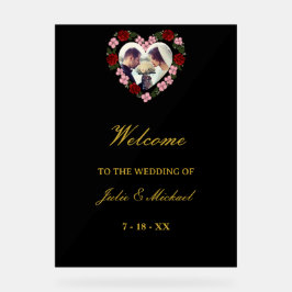 Black Acrylic Wedding Welcome Sign - Floral Heart アクリルサイン