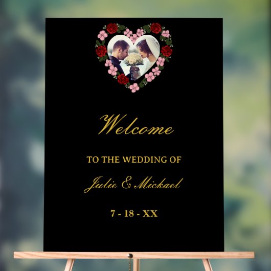 Black Acrylic Wedding Welcome Sign - Floral Heart アクリルサイン (ニュートラル)