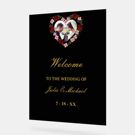 Black Acrylic Wedding Welcome Sign - Floral Heart アクリルサイン (傾斜)
