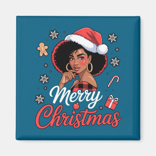 Black African Girl American Merry Christmas Santa  マグネット (正面)