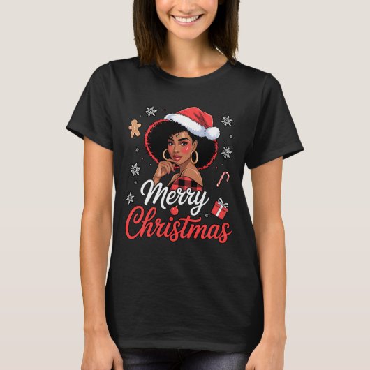Black African Girl American Merry Christmas Santa  Tシャツ (正面)