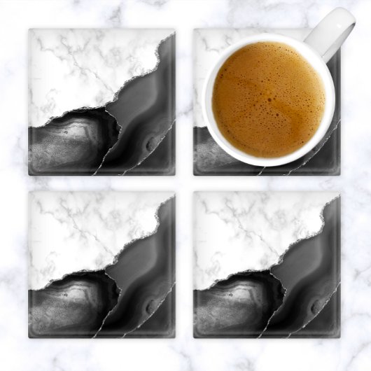 Black Agate Silver Glitter White Faux Marble ガラスコースター