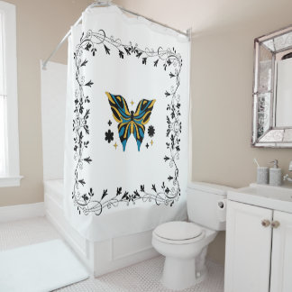 Black and Blue Butterfly Floral Art シャワーカーテン