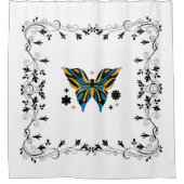 Black and Blue Butterfly Floral Art シャワーカーテン (正面)