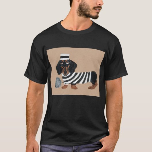 Black and Brown Dachshund Treat Thief Jailbird Tシャツ (正面)