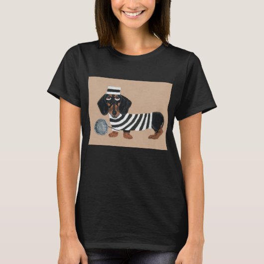 Black and Brown Dachshund Treat Thief Jailbird Tシャツ (正面)