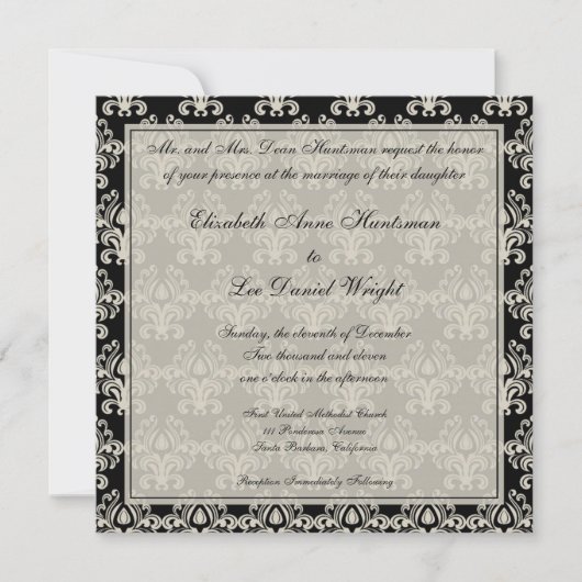 Black and Cream Vintage Damask Lace Wedding Invita 招待状 (正面)