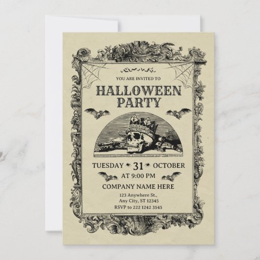 Black and Cream Vintage Office Party Halloween 招待状 (正面)