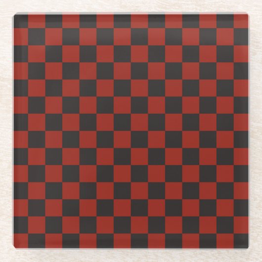 Black and Deep red checkerboard pattern ガラスコースター (正面)