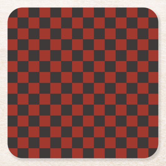 Black and Deep red checkerboard pattern スクエアペーパーコースター (正面)