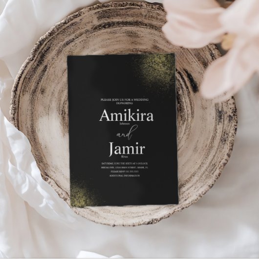 Black and Dusty Gold Pixie Faux Wedding 招待状