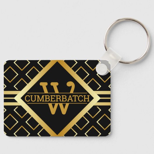 BLACK and FAUX Gold Geometric MONOGRAM Pattern キーホルダー (正面)