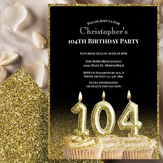 Black and Gold 104th Birthday Invitation For Him 招待状