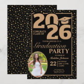 Black and Gold 2026 Photo Graduation Invitation 招待状 (正面/裏面)