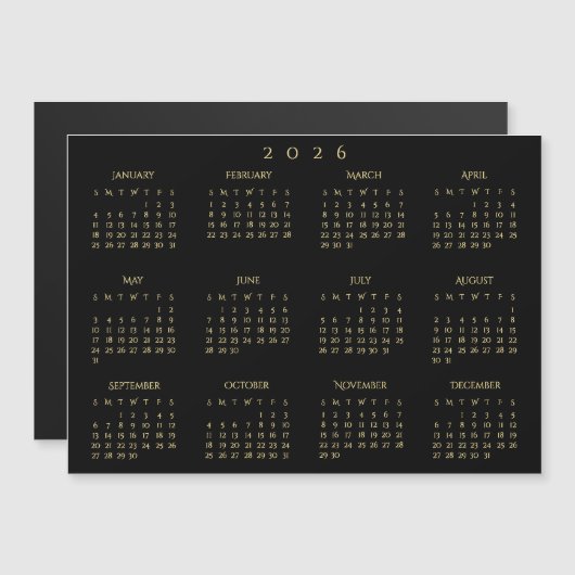 Black and Gold 2026 Yearly Calendar Magnetic Card (正面/裏面)