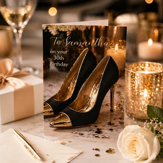 Black and Gold 30th Birthday Glam Heels カード