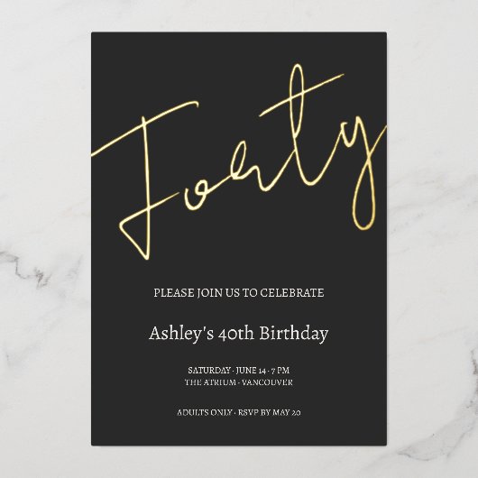 Black and Gold 40th Birthday Celebration 箔招待状 (正面)