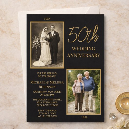 Black and Gold 50th Wedding Anniversary Design 招待状