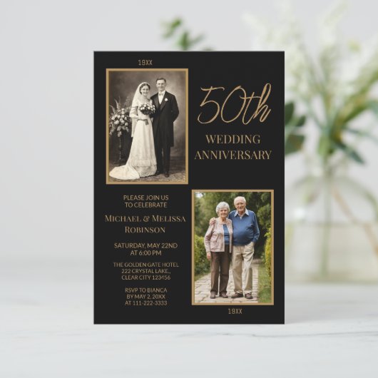 Black and Gold 50th Wedding Anniversary Design 招待状 (スタンド正面)