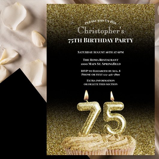 Black and Gold 75th Birthday Invitation For Him 招待状