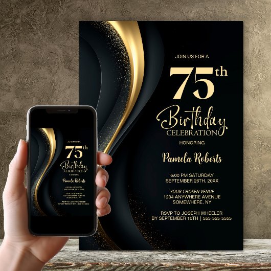 Black and Gold 75th Birthday Party 招待状