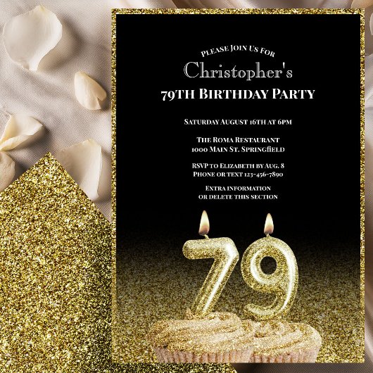 Black and Gold 79th Birthday Invitation For Him 招待状