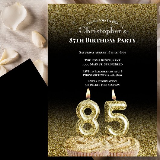 Black and Gold 85th Birthday Invitation For Him 招待状