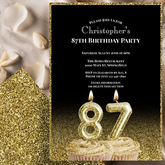 Black and Gold 87th Birthday Invitation For Him 招待状