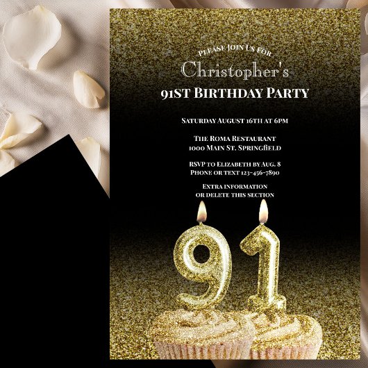 Black and Gold 91st Birthday Invitation For Him 招待状