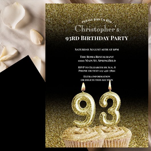 Black and Gold 93rd Birthday Invitation For Him 招待状
