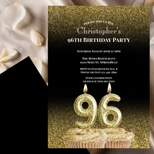 Black and Gold 96th Birthday Invitation For Him 招待状