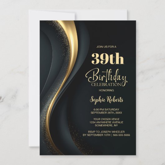 Black and Gold Any Age Birthday Party 招待状 (正面)