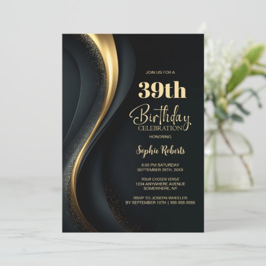 Black and Gold Any Age Birthday Party 招待状 (スタンド正面)