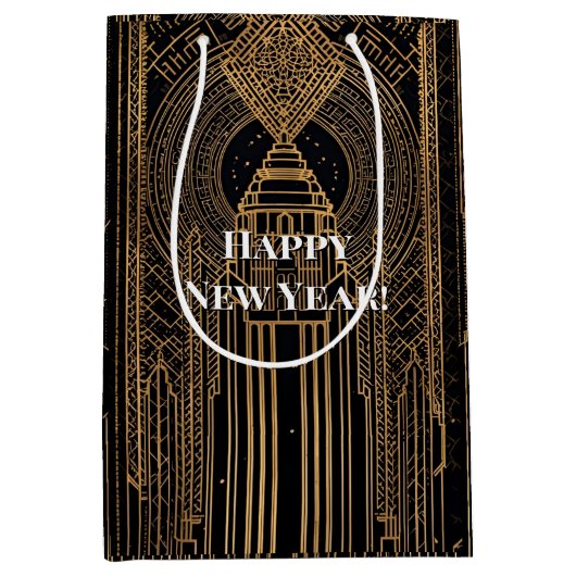 Black and Gold Art Deco ミディアムペーパーバッグ (正面)