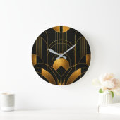 Black and Gold Art Deco Geometric Wall Clock ラージ壁時計 (ホーム)