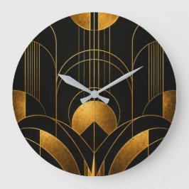 Black and Gold Art Deco Geometric Wall Clock ラージ壁時計