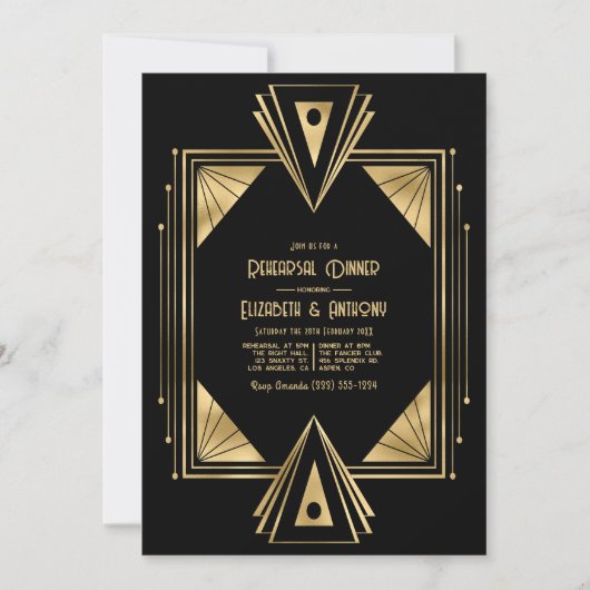Black and Gold Art Deco Gold Rehearsal Dinner 招待状 (正面)
