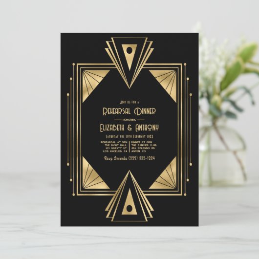 Black and Gold Art Deco Gold Rehearsal Dinner 招待状 (スタンド正面)