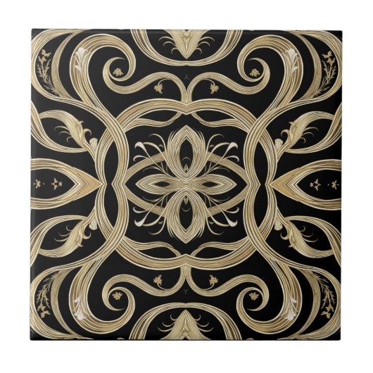 Black and Gold Art Deco Ornate Design タイル (正面)