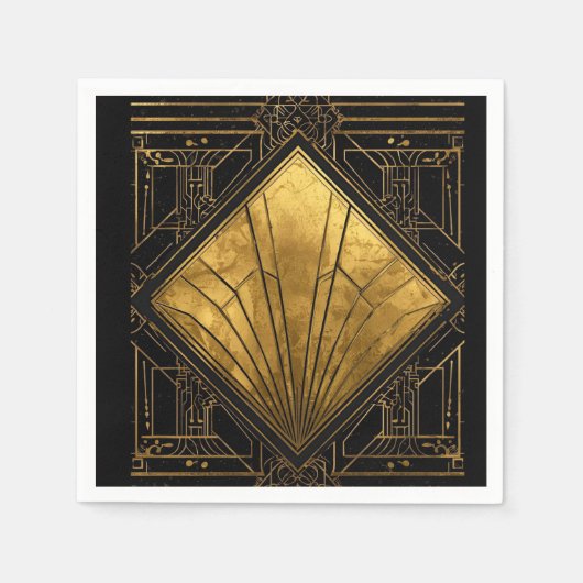 Black and Gold Art Deco Paper Napkins スタンダードカクテルナプキン (正面)