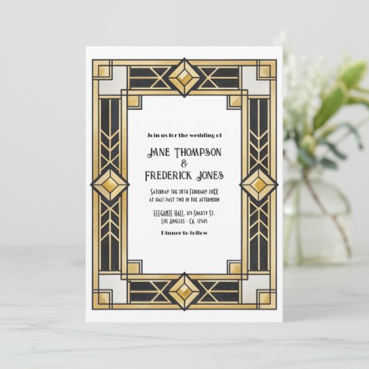 Black and Gold Art Deco QR Code RSVP Wedding 招待状 (スタンド正面)