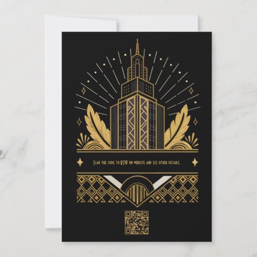 Black and Gold Art Deco QR Code RSVP Wedding 招待状 (裏面)