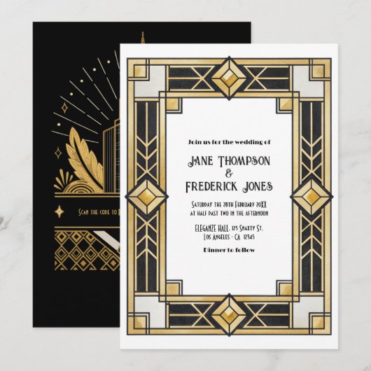 Black and Gold Art Deco QR Code RSVP Wedding 招待状 (正面/裏面)