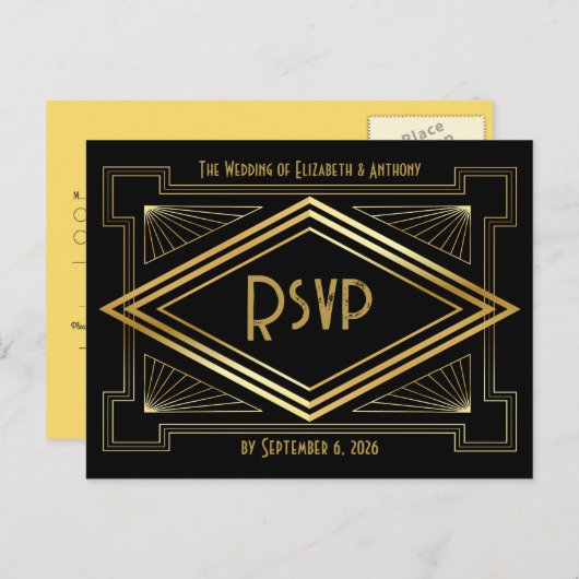 Black and Gold Art Deco Wedding RSVP QR Code ポストカード (正面/裏面)
