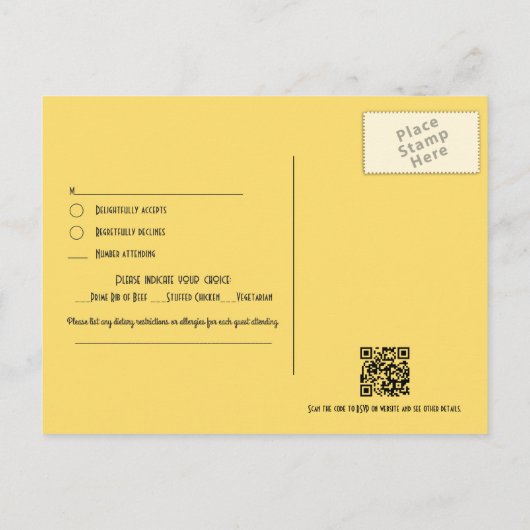 Black and Gold Art Deco Wedding RSVP QR Code ポストカード (裏面)