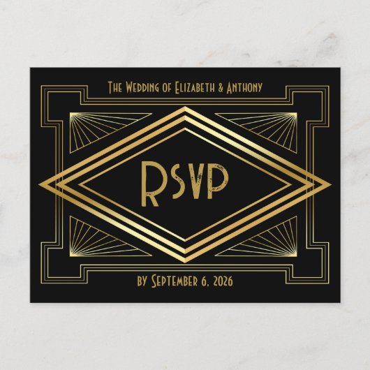 Black and Gold Art Deco Wedding RSVP QR Code ポストカード (正面)