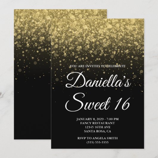 Black and Gold Bokeh Confetti Sweet 16 招待状 (正面/裏面)