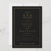 Black and gold botanical crest monogram wedding 招待状 (正面)