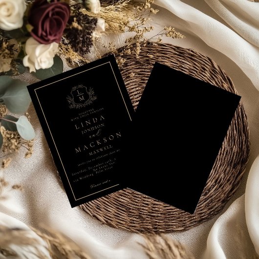 Black and gold botanical crest monogram wedding 招待状